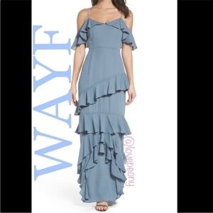 ANTHROPOLOGIE WAYF TIERED RUFFLE OFF SHOULDER DUSTY BLUE MAXI GOWN SIZE XS NWT